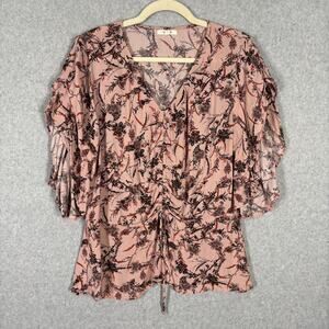Maurices Top Womens Large Pink Floral Blouse Ruffle‎ Ruched Boho Western Cottage